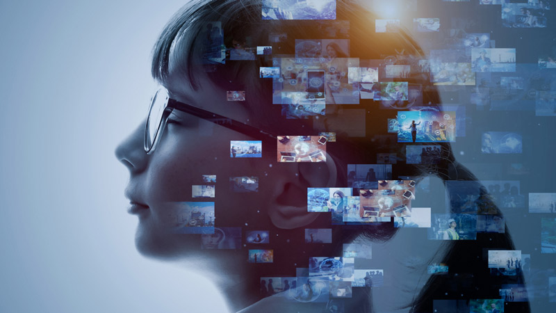 Abstract image with AI concept. Side view of woman with video thumbnails.