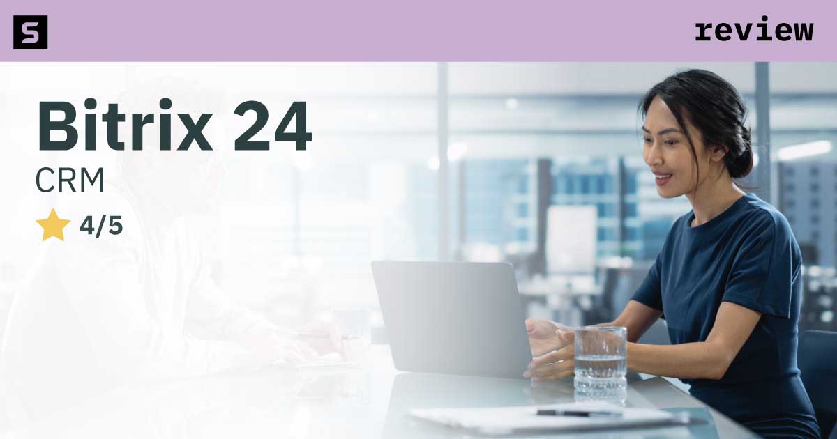Man pointing at Bitrix24 with a rating.