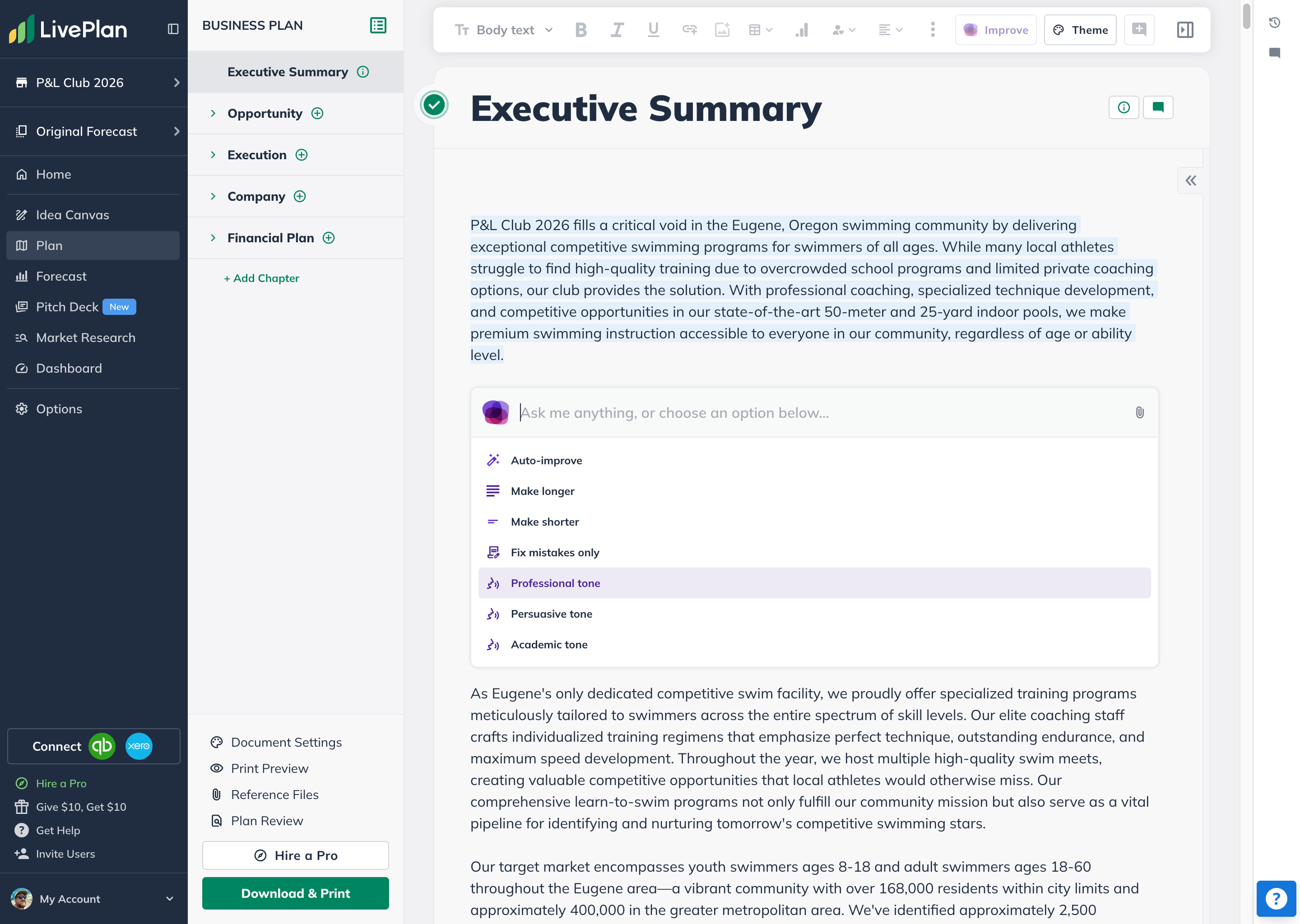 LivePlan business plan editor showing AI writing tools for improving an executive summary