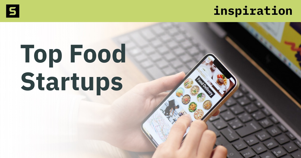Top Food Startups graphic showing someone using a food delivery app on a smartphone.
