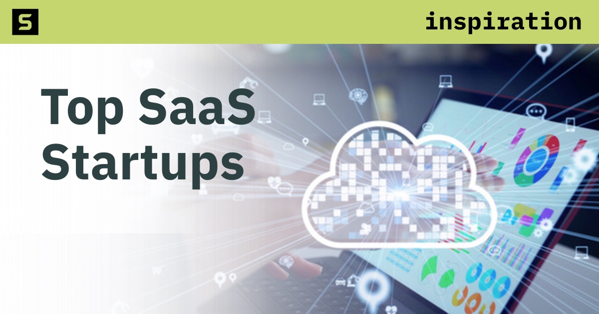 Top SaaS Startups graphic showing cloud software and analytics dashboards on a laptop.